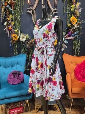Taylor Linen White Floral Midi Dress with Pink & Yellow Blooms